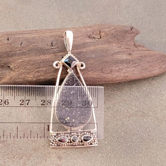 Sterling Contemporary Bali Style Black Druzy Stone Pendant - Picture 6 of 8